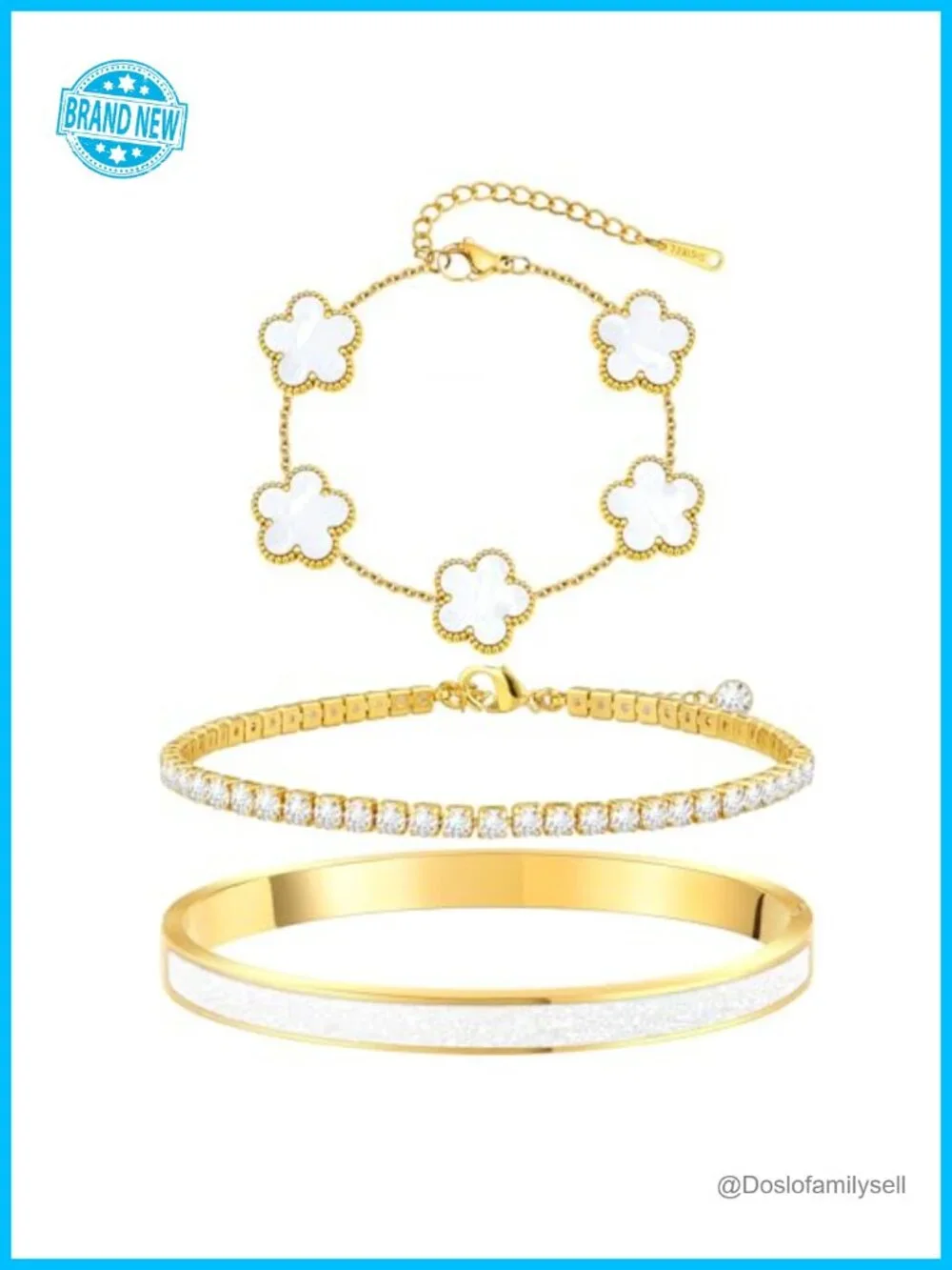 18K Gold Plated Stainless Steel Bracelet Stack Set with Bangle, Tennis, Clover